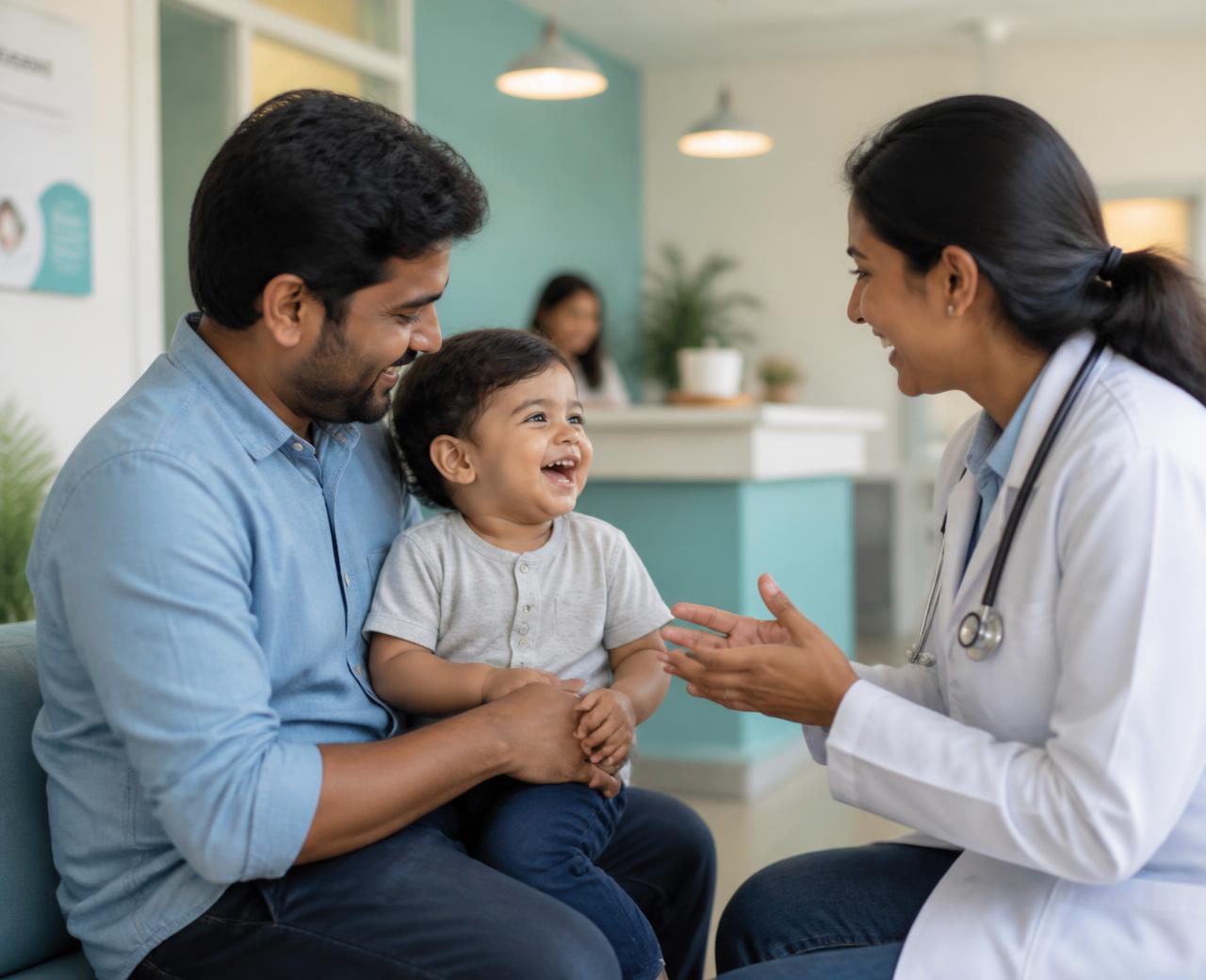 Doctor speaking warmly with a father and his laughing toddler in a clinic waiting area
