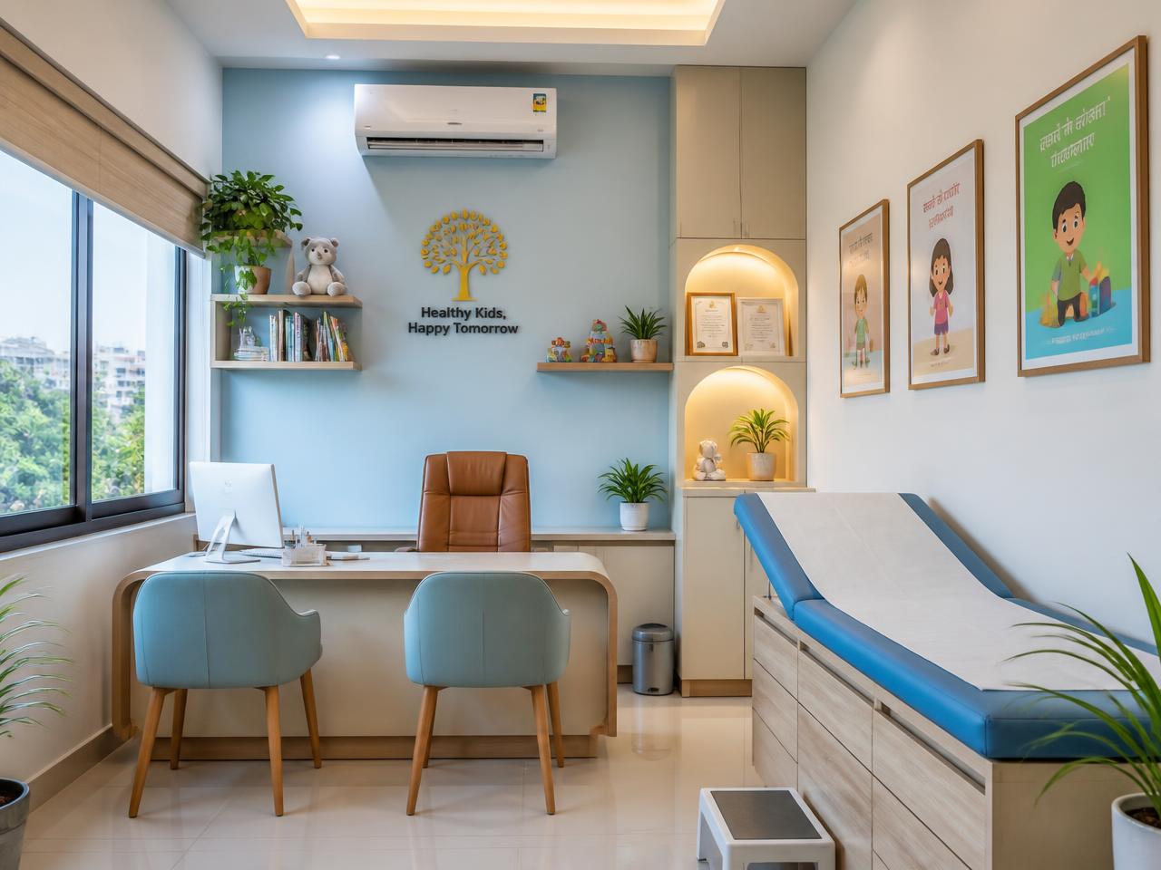 Calm, tidy pediatric consultation room with soft blue walls and natural light