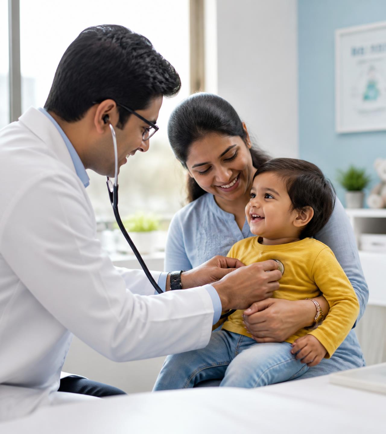 Pediatrician examining a smiling toddler seated on the mother's lap in a bright clinic room